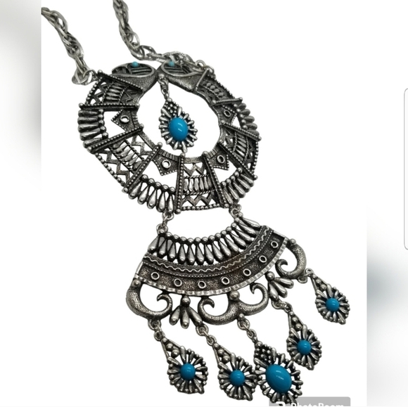 SILVERTONED & FAUX TURQUOISE NATIVE AMERICAN STYLE STATEMENT NECKLACE - Picture 4 of 5